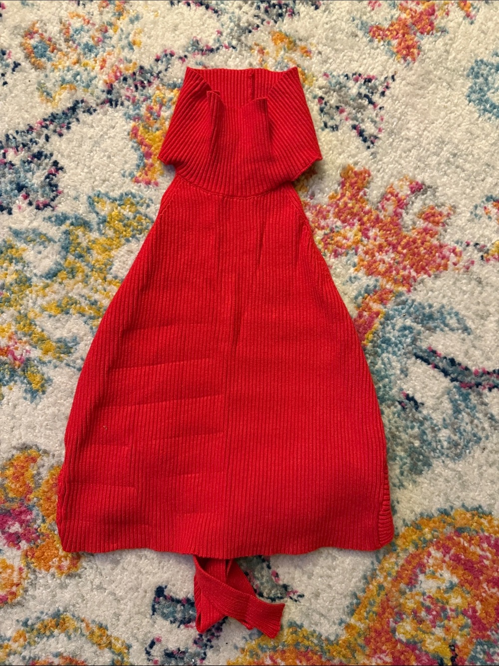 Red Ribbed Knit Halter Top - Open Back - Picture 2 of 2